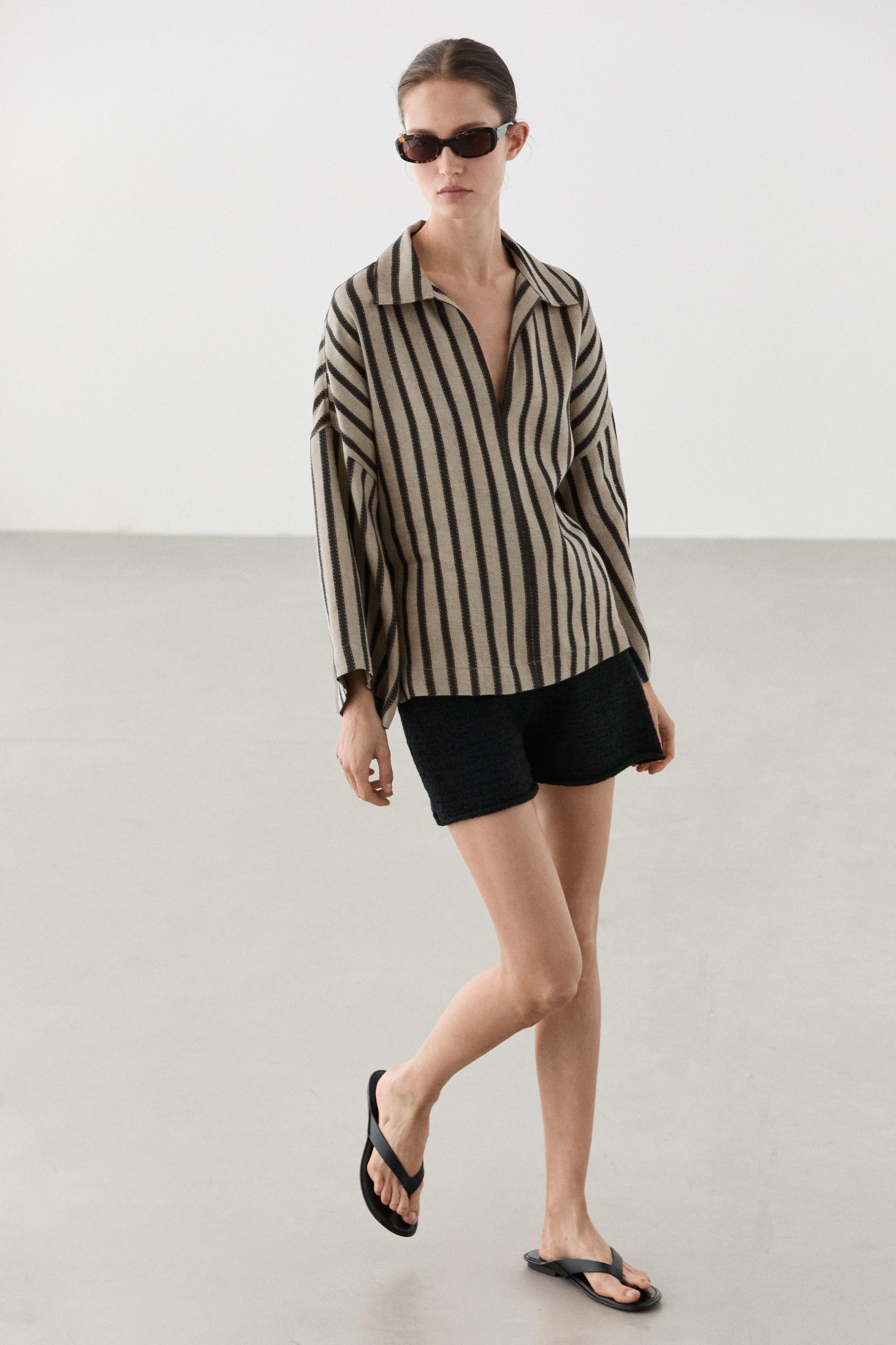 Oversize striped linen blend blouse